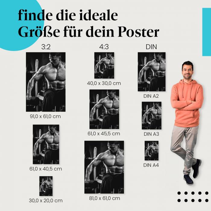 Fitness, Poster: Mann, Hantel, schwarz-weiß, Stärke, Fokus.