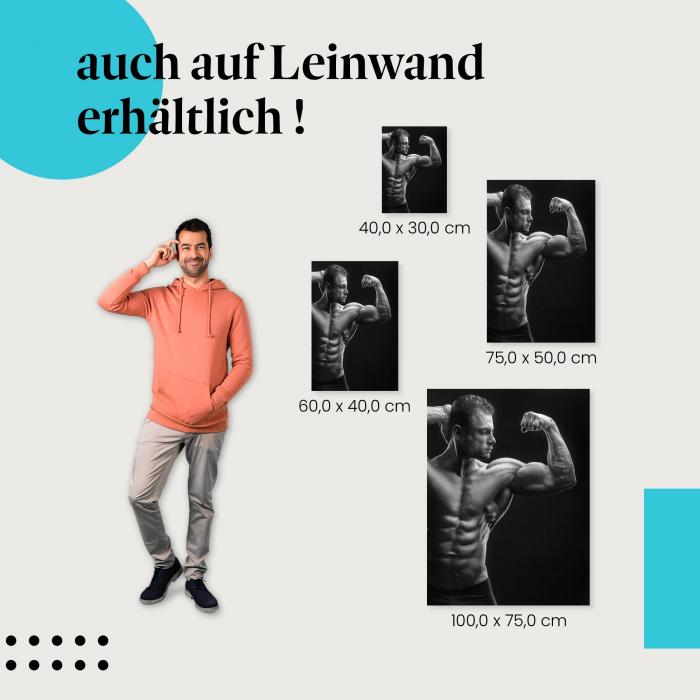 Fitness, Leinwandbild: Mann, Bizeps, Oberkörper, schwarz-weiß.