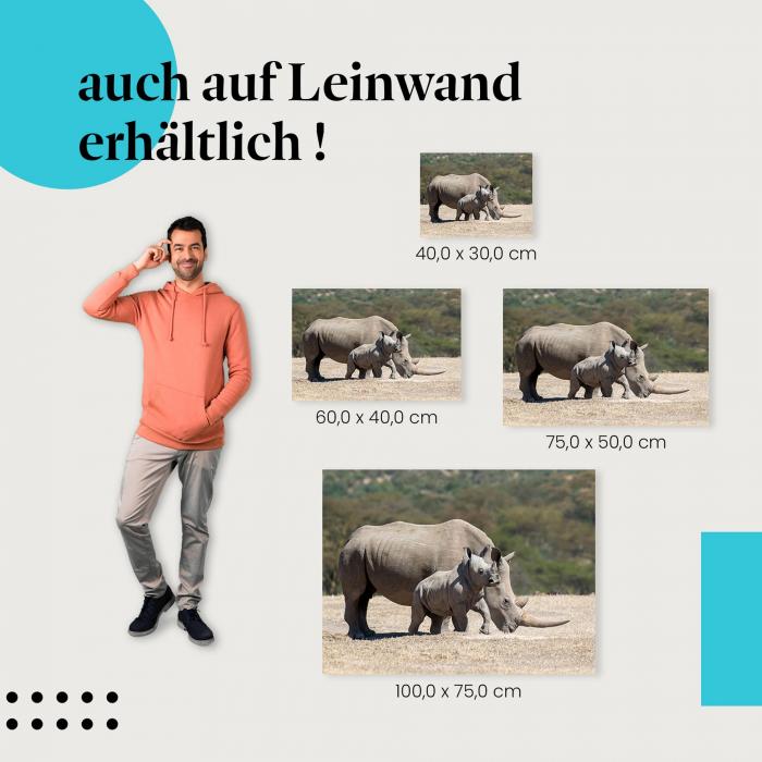 Nashörner: Leinwandbild. Mutter & Kalb, Savanne, Afrika, wähle deine Größe!