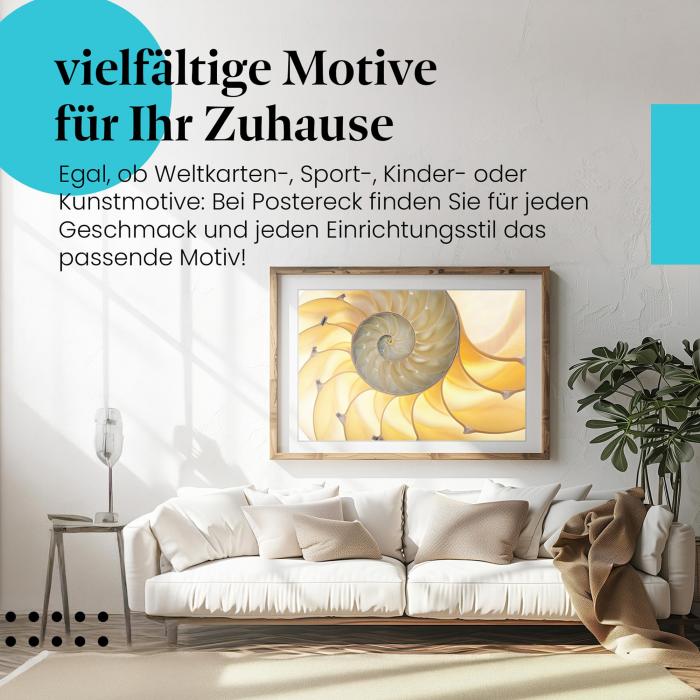 Stylisches Leinwandbild: Goldenes Geheimnis: Makroaufnahme einer Nautilus-Muschel.