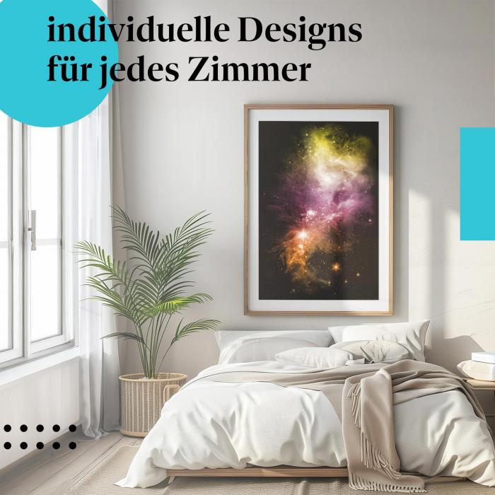 Schlafzimmer Deko: Minimalistisches Zimmer mit "Kosmische Schönheit" Poster. Wanddeko für Weltraum-Fans.