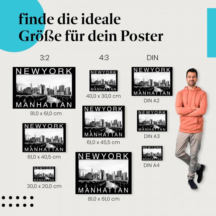 Wähle die ideale Postergröße: Schwarzweiß-Foto der Skyline von Manhattan mit East River - zeitloser Charme für dein Zuhause.