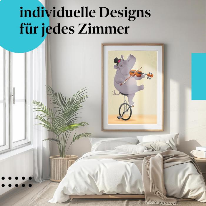 Zirkus Poster: "Musikalisches Nilpferd" - Nilpferd mit Geige auf Einrad