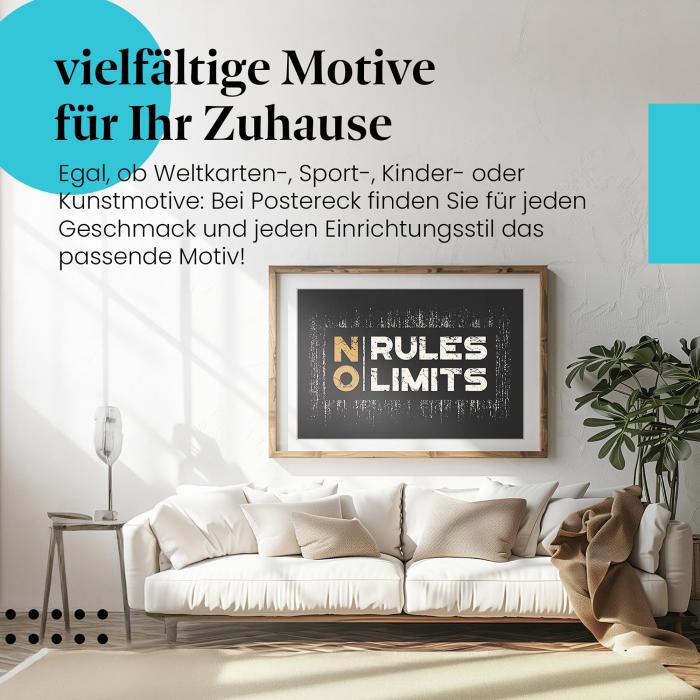 "No Rules No Limits" Leinwandbild: Rebellisches Design auf dunklem Hintergrund.