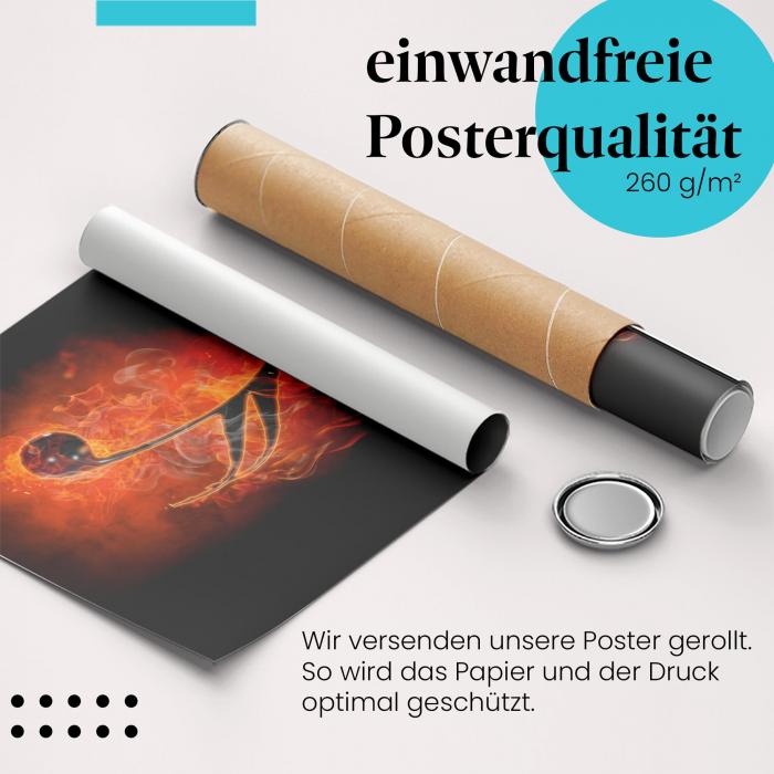 Gerolltes Poster "Brennende Note". Kunst & Musik, sicher verpackt.