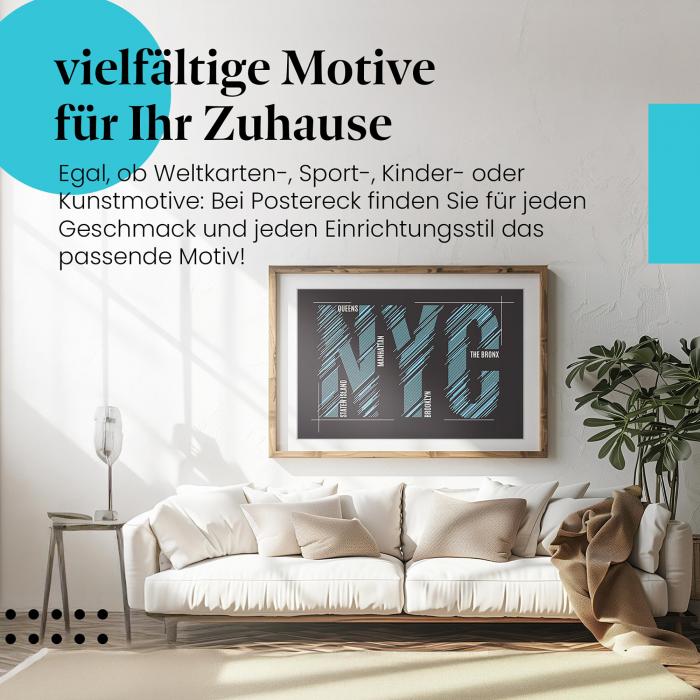 "NYC": Typo-Poster mit Stadtteilen - stylischer Blickfang für dein modernes Wohnzimmer.