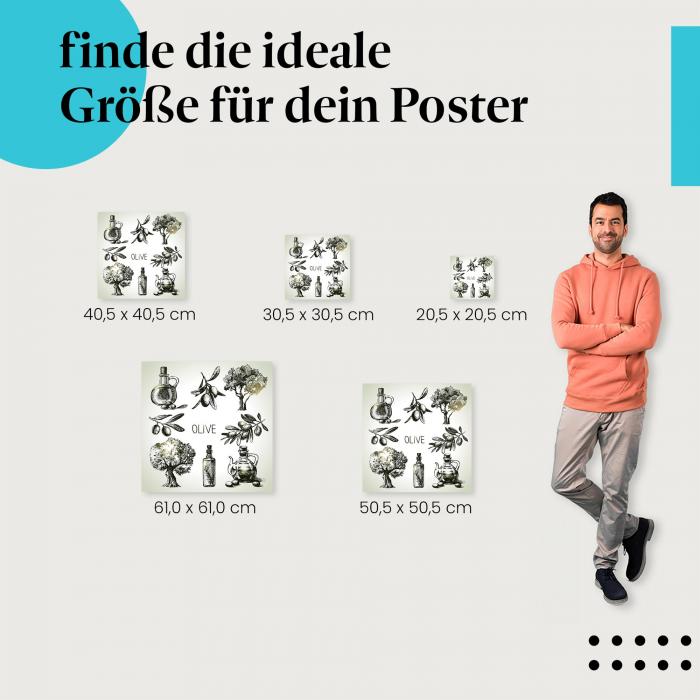 Wähle die ideale Postergröße: Handgezeichnete Illustrationen von Olivenzweigen, Bäumen und Öl - mediterranes Flair für deine Küche.