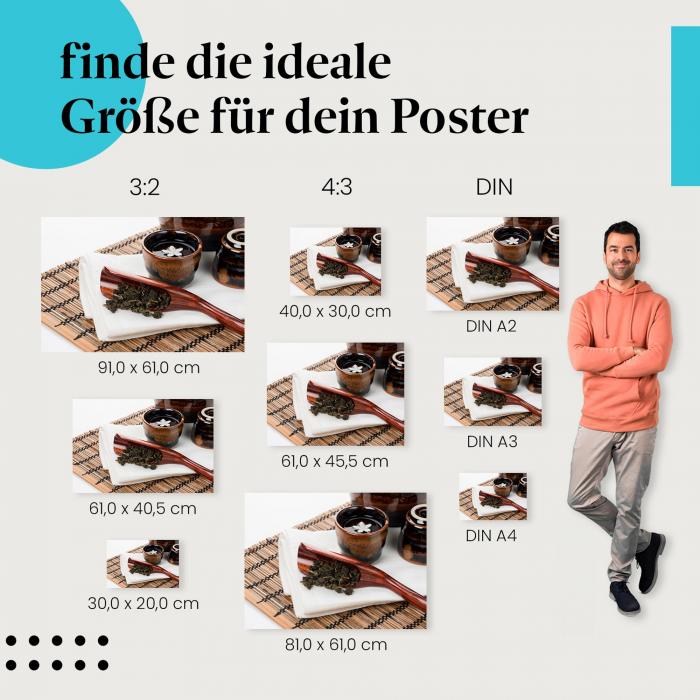 Finde die ideale Postergröße: Oolong Tee, Teeblätter, Bambusmatte - Moment der Ruhe.