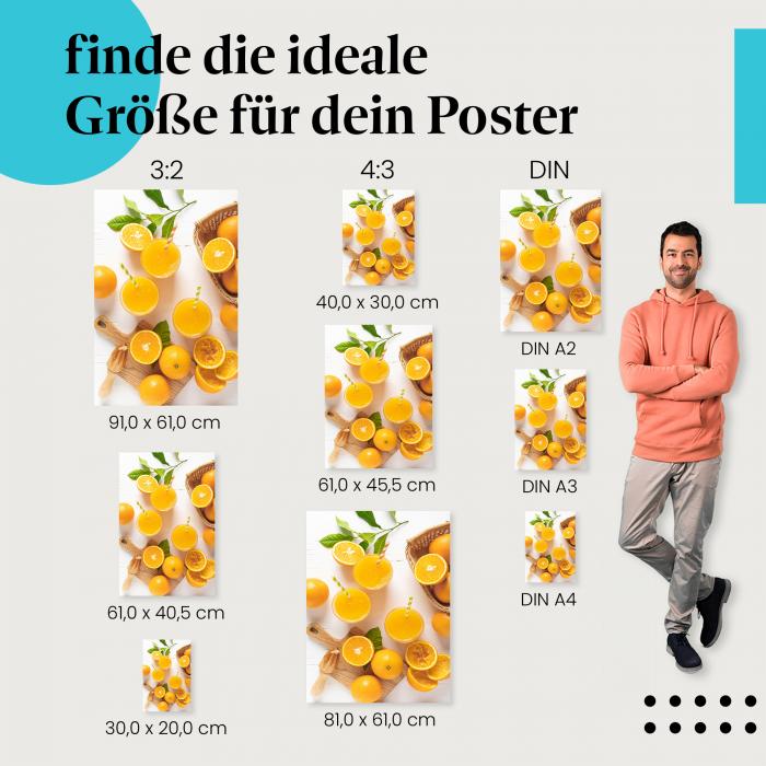 Orangensaft, Poster: Gläser, Orangen, Zitruspresse, Sommer.