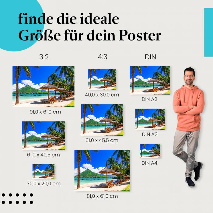 Strand, Poster: Sonnenliegen, Palmen, türkis.