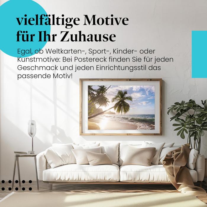 Dieses Leinwandbild mit dem Palmenstrand ist ein Hingucker für alle, die Urlaub und Sonne lieben.