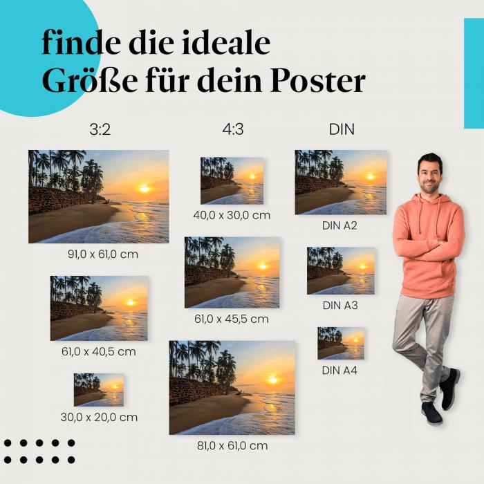 Palmenstrand, Poster: Sonnenaufgang, Meer, warme Farben.