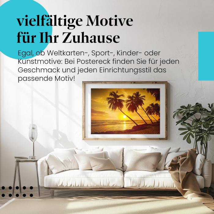 Stylisches Leinwandbild: Paradiesischer Sonnenuntergang am Palmenstrand.