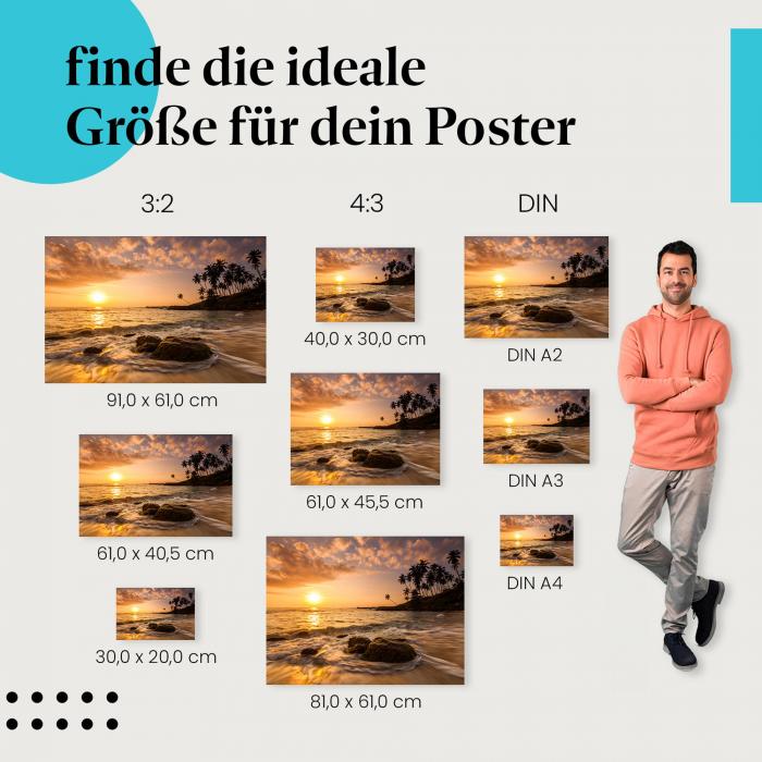 "Sonnenuntergang am Strand" Poster: Finde deine passende Größe und hol dir Urlaubsfeeling in deine vier Wände!