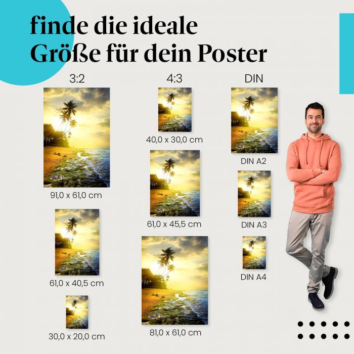 Finde die ideale Postergröße: Palmenstrand, goldener Sand, Meer, Sonnenuntergang.