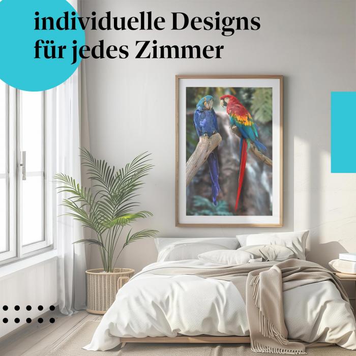 Schlafzimmer Deko: "Papageien" Poster im minimalistischen Schlafzimmer. Exotische Wanddeko.