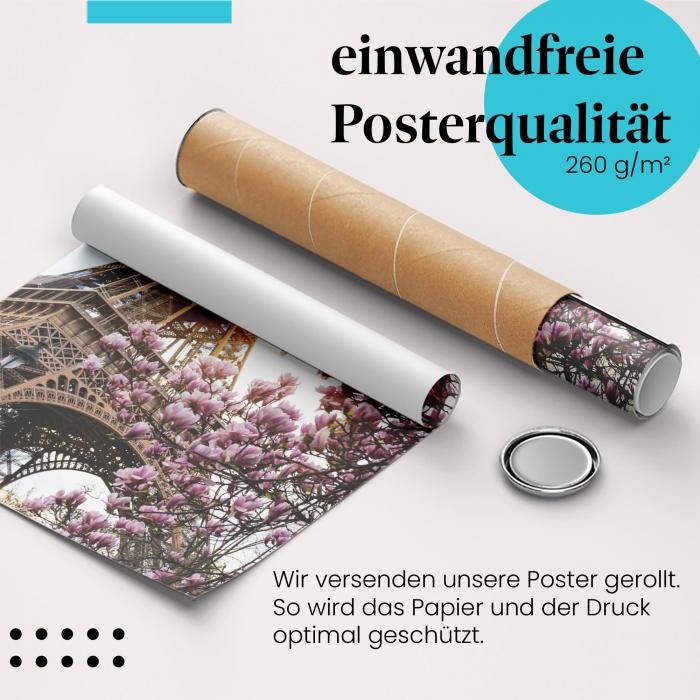 Gerolltes Poster "Eiffelturm & Magnolien" - Pariser Flair, sicher verpackt.