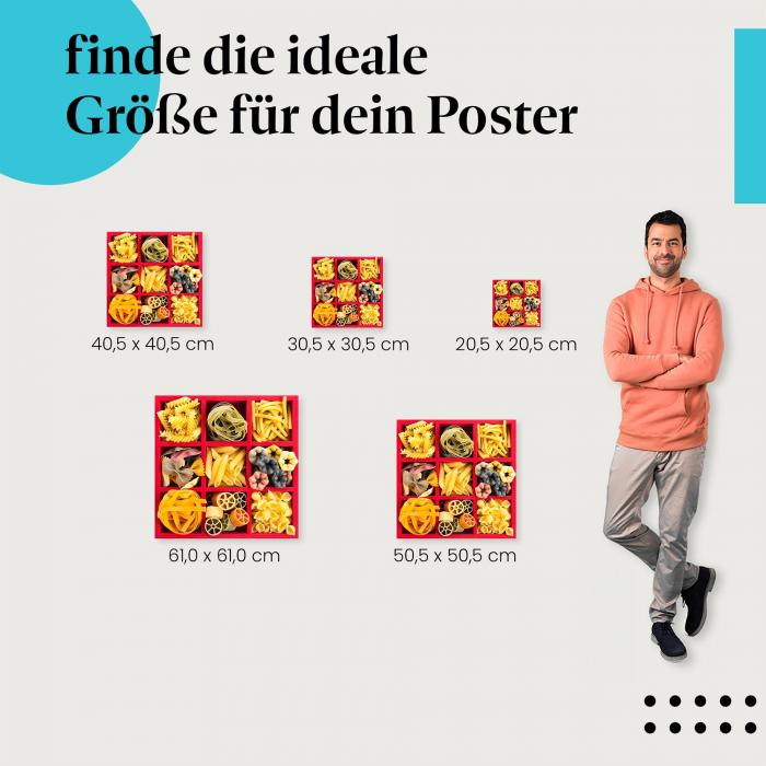 Wähle die ideale Postergröße: Neun verschiedene Sorten Pasta in roter Box, von oben fotografiert.