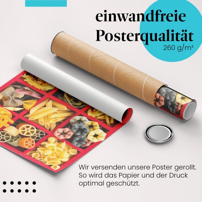 Gerolltes Poster "Pasta-Vielfalt". Italienische Küche, sicher verpackt.