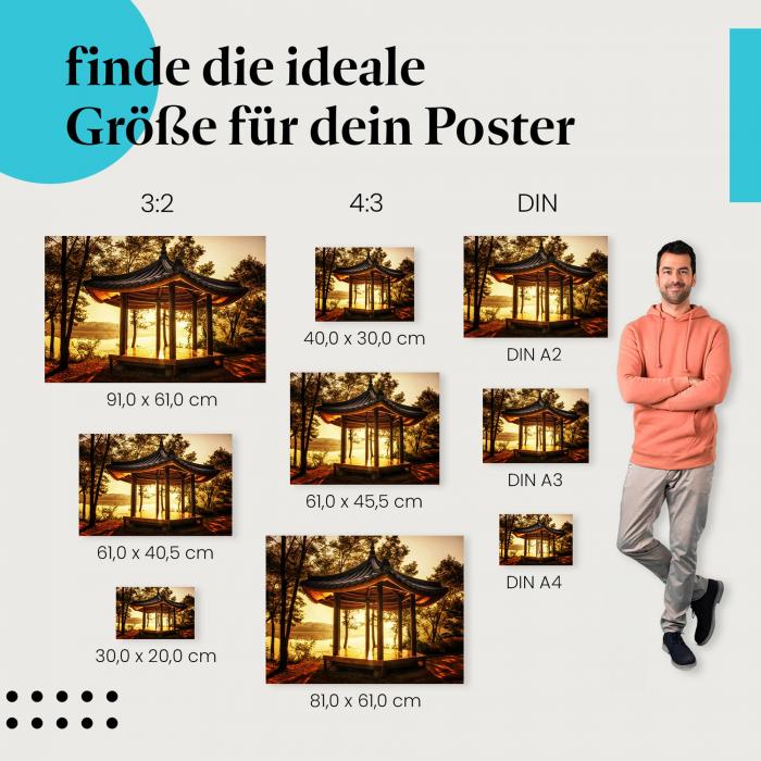 Wähle die ideale Postergröße: Pavillon am Seeufer im Sonnenaufgang, Spiegelung im Wasser.