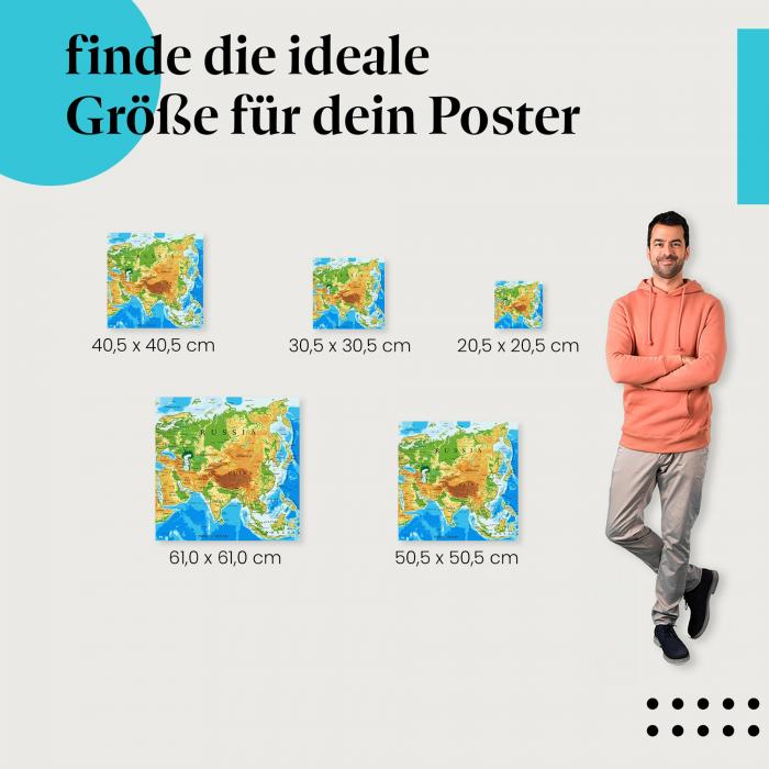 Wähle die ideale Postergröße: Detaillierte physische Karte von Asien mit Ländern und Städten.