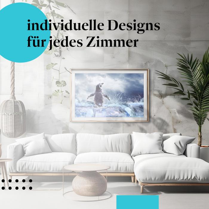 Schlafzimmer Deko: "Pinguin" Poster im minimalistischen Schlafzimmer. Wanddeko für Tier-Fans.