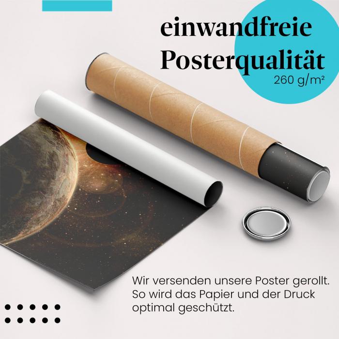 Gerolltes Poster "Planet mit Ringen". Alien-Sonnenaufgang.