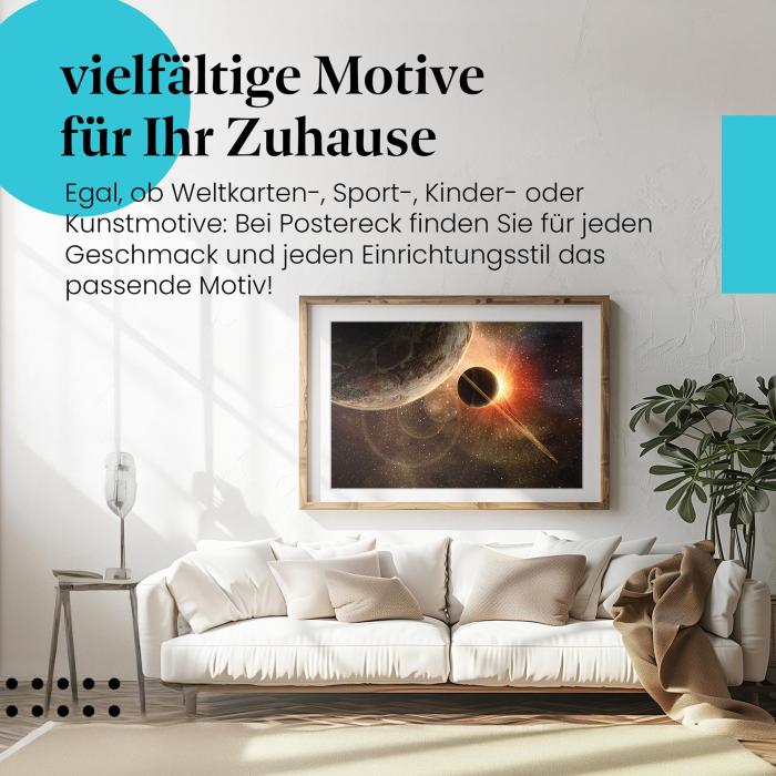 Leinwandbild Alien-Sonnenaufgang: Planet mit Ringen im Licht. Wanddeko für Sci-Fi-Fans!