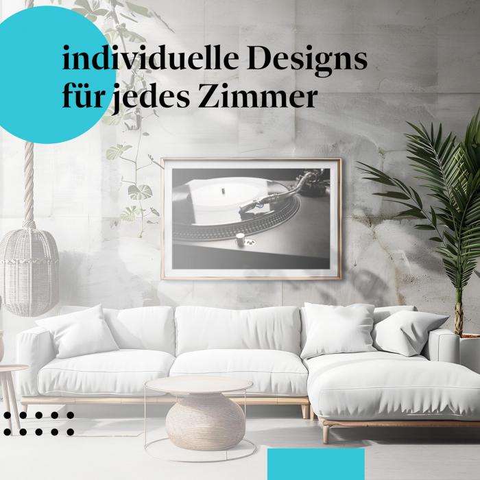 Schlafzimmer Deko: Modernes Zimmer mit "Plattenspieler" Poster. Wanddeko für Musikliebhaber.