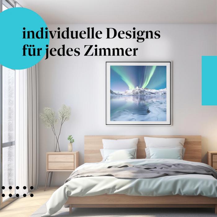 Schlafzimmer Deko: Modernes Schlafzimmer mit "Nordlichter" Poster. Magische Wanddeko für Naturliebhaber.