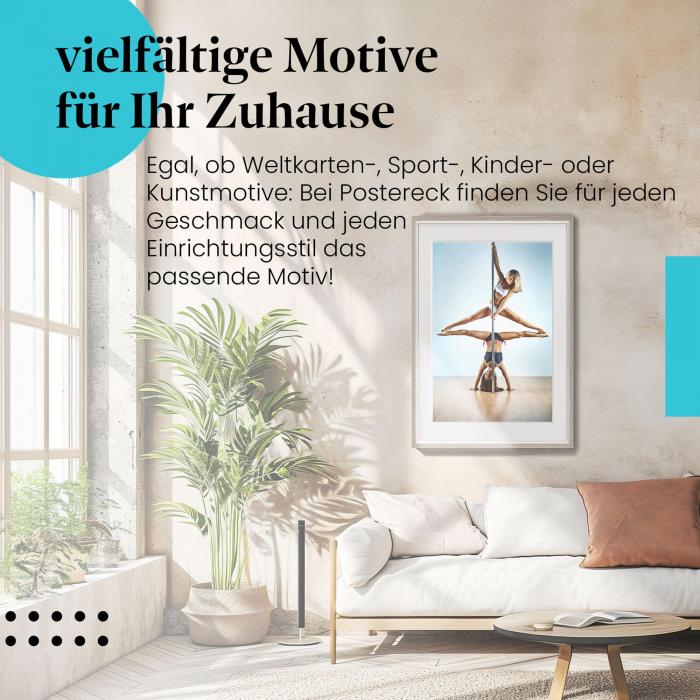 Stylisches Leinwandbild: Zwei Pole-Dance-Tänzerinnen - Akrobatische Pose an einer Stange.