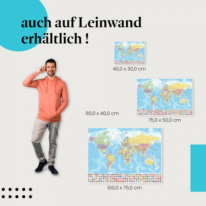 Weltkarte: Leinwandbild. Politisch, Flaggen.