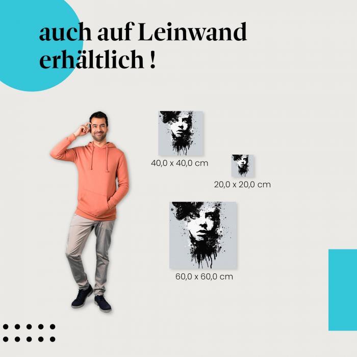 Porträt einer jungen Frau mit schwarzen Farbspritzern auf grauem Hintergrund als Leinwandbild - modernes Design.