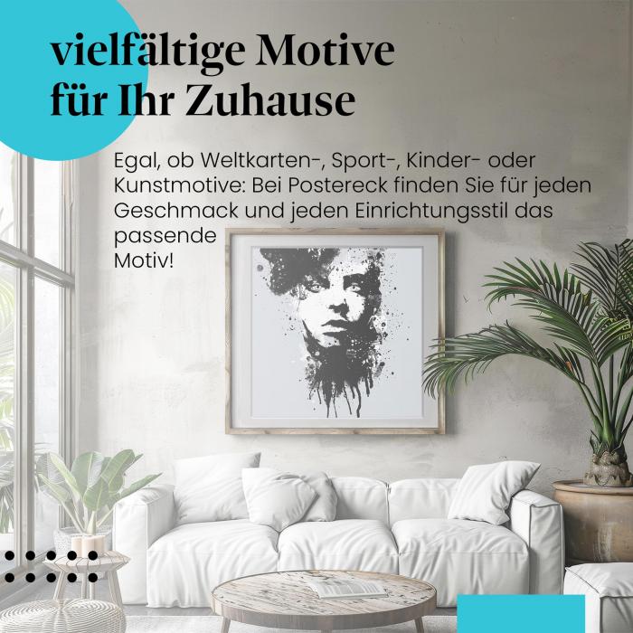 "Junge Frau": Poster - Portrait mit Farbspritzern - modern & kunstvoll.