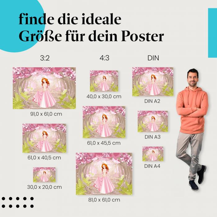 Wähle die ideale Postergröße: Märchenhafte Prinzessin mit roten Haaren im blühenden Wald.