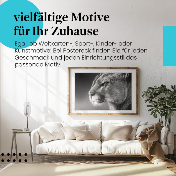 "Puma": Poster - Schwarzweißfotografie, wilder Blick.