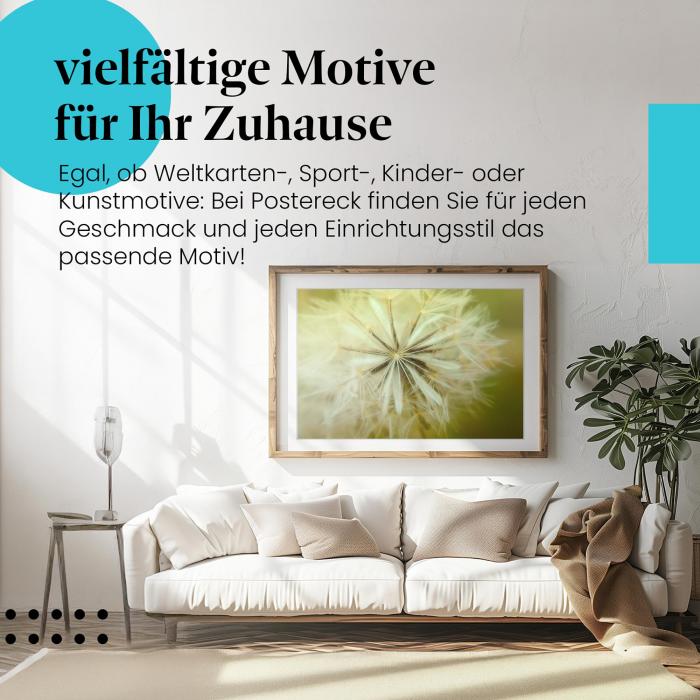 Dieses Leinwandbild mit der Pusteblume im Gegenlicht symbolisiert Leichtigkeit und die Schönheit vergänglicher Momente.