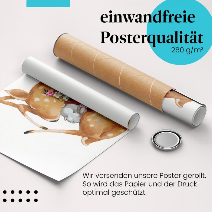 Gerolltes Poster "Reh & Hase" - Niedliche Tierfreundschaft, sicher verpackt.