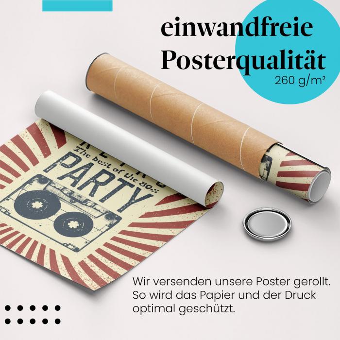 Gerolltes Poster "80er Party". Nostalgische Party-Einladung, sicher verpackt.