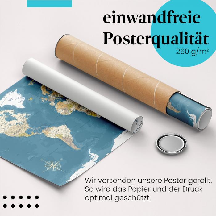 Gerolltes Poster "Weltkarte". Geografie & Vintage, sicher verpackt.