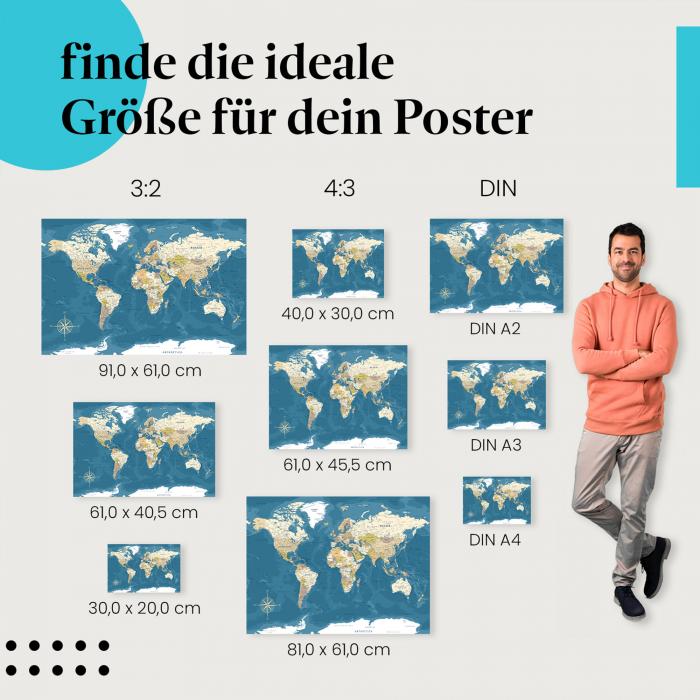 Finde die ideale Postergröße! Weltkarte, physisch, Retro.