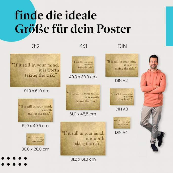 Wähle die ideale Postergröße: "Wenn es dir noch im Kopf herumgeht, ist es das Risiko wert." - auf Vintage-Hintergrund.