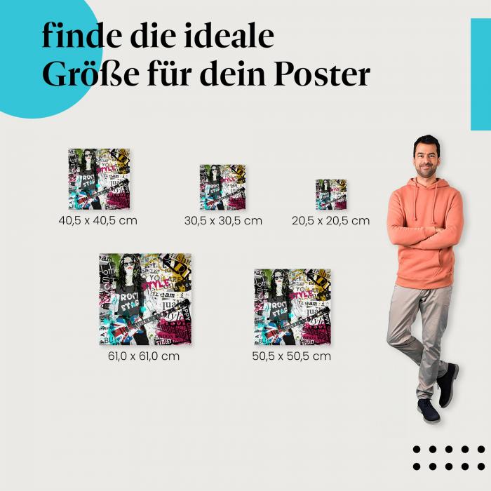 Wähle die ideale Postergröße: Modeillustration: Frau mit E-Gitarre vor Graffiti und Textfragmenten.