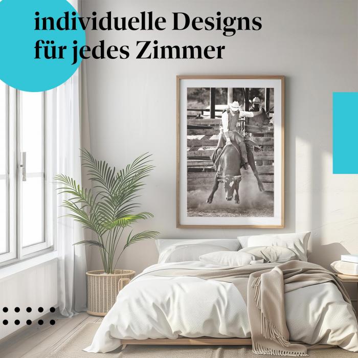 Schlafzimmer Deko: Minimalistisches Zimmer mit "Rodeo" Poster. Wanddeko für Action-Fans.