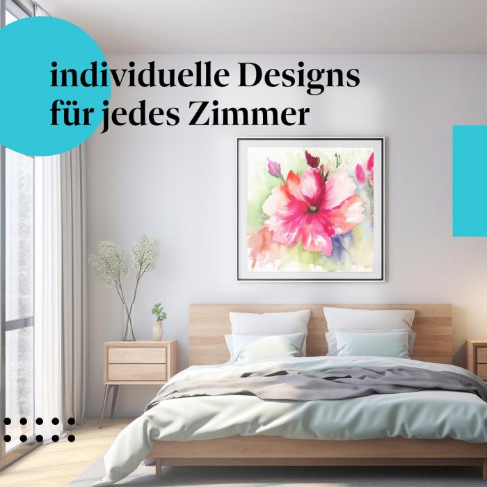 Schlafzimmer Deko: Modernes Schlafzimmer mit "Blume" Poster. Abstrakte Wanddeko in kräftigen Farben.