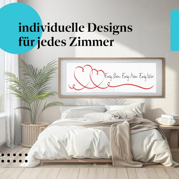 Schlafzimmer Deko: Romantisches Schlafzimmer mit "Herzen" Poster. Liebevolle Deko für Liebespaare.