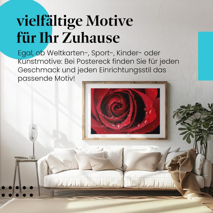 Stylisches Leinwandbild: Rote Rose mit Tautropfen - Sinnlichkeit pur. Wanddeko für Romantiker und Blumenliebhaber.