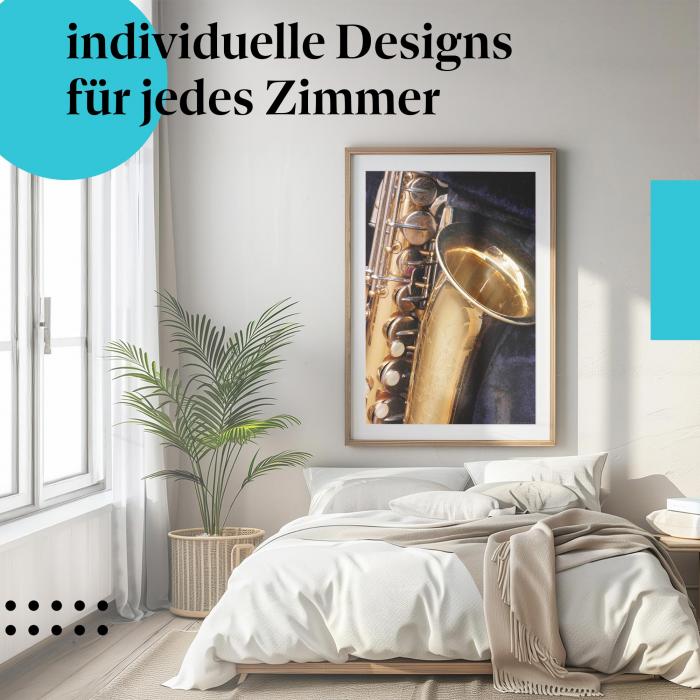 Schlafzimmer Deko: "Goldenes Saxophon" Poster in modernem Schlafzimmer. Wanddeko für Musikliebhaber.