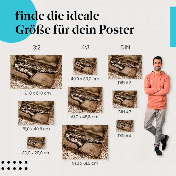 Finde die perfekte Postergröße! Saxophon, Koffer, Sepia, Jazz.