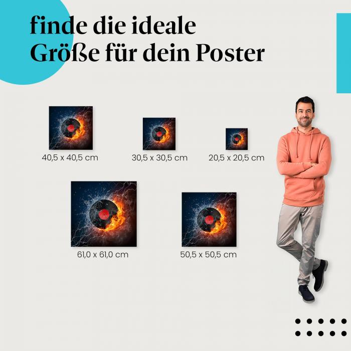 Wähle die ideale Postergröße: Eine Schallplatte, halb Wasser, halb Feuer - die Leidenschaft für Musik.